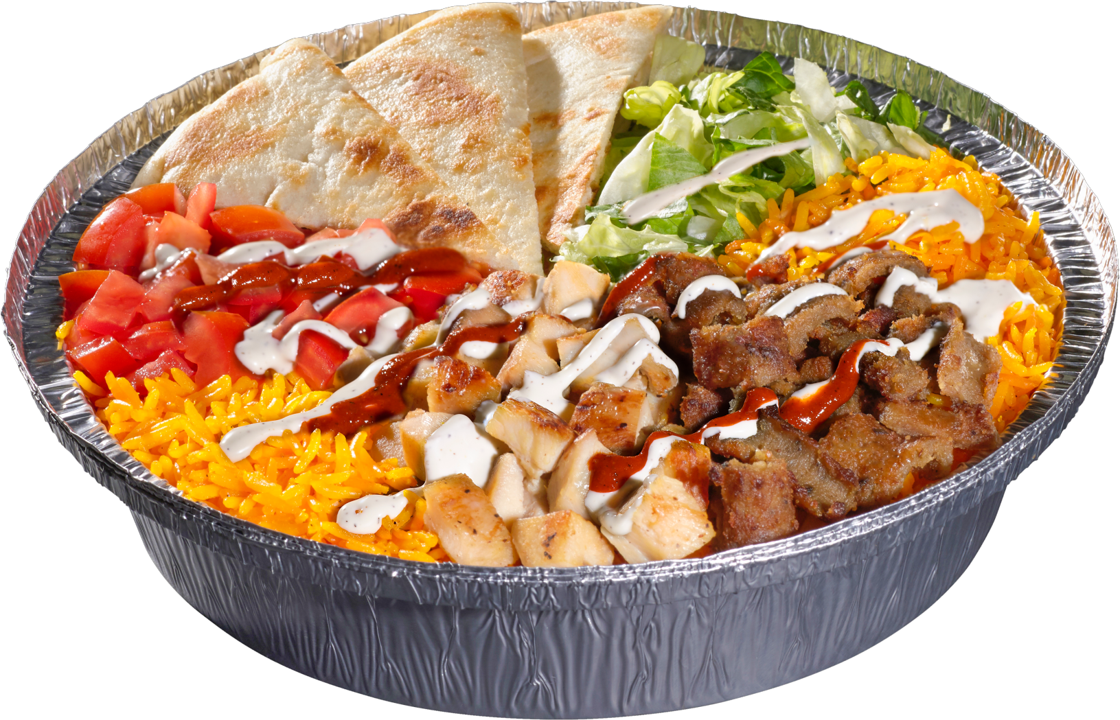 Combo platter with rice, lettuce, tomatoes, chicken, and gyro meat. With white and hot sauce on top